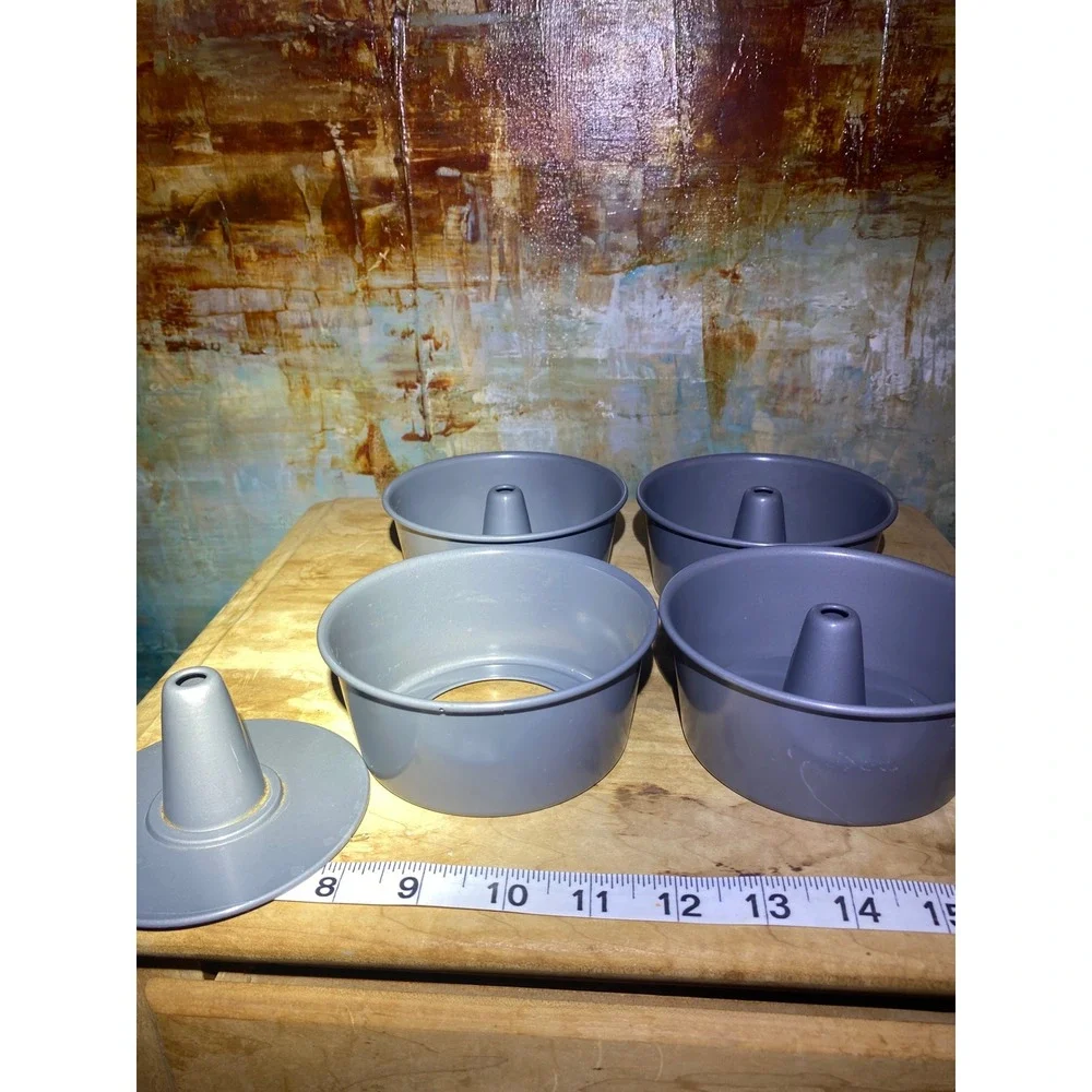 Set of 4 Mini Angel Food Cake Pans 4 Inch Removable Bottom Non-Stick Gray Metal